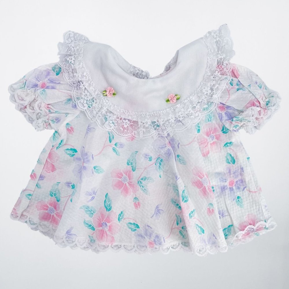 Vintage White Pastel Floral Lace Trimmed Floral Embellished Collar Dress - 6-9 M
